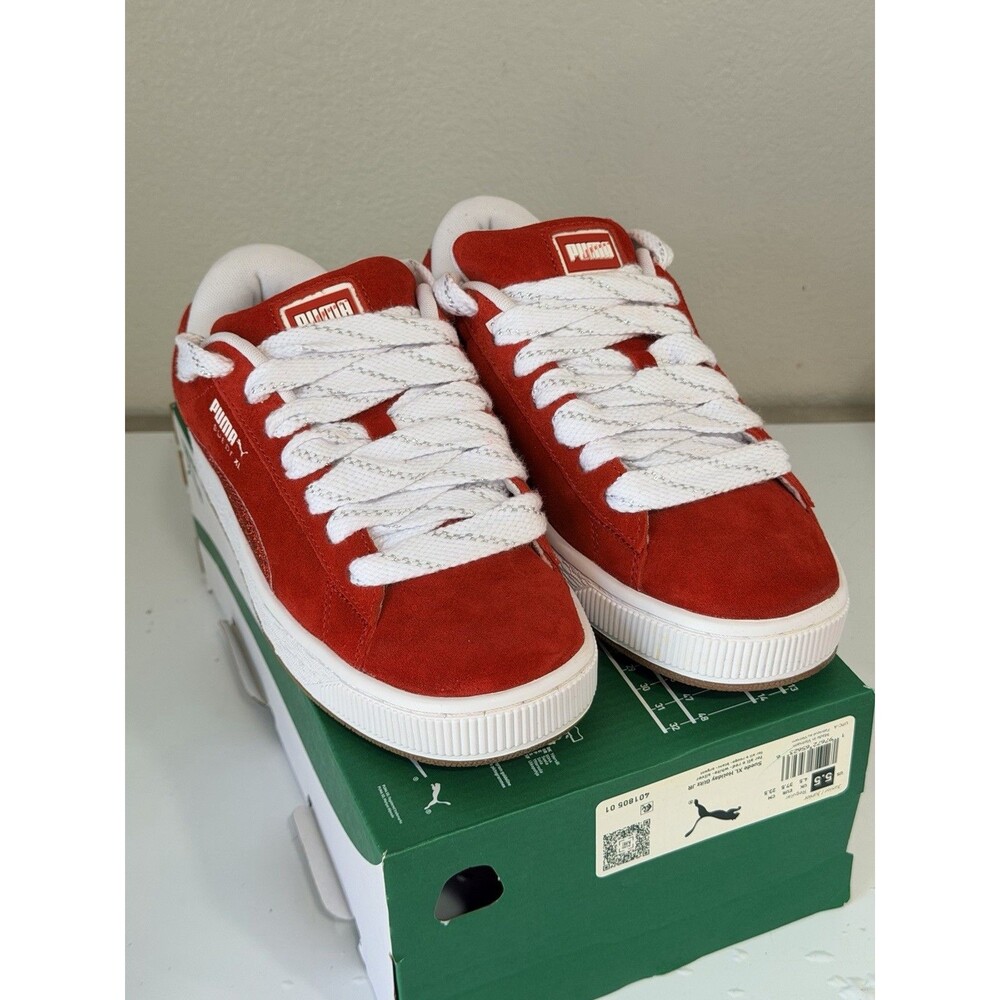 Puma Suede XL Red White Silver Chrome Heel Glitter Girls 5.5Y Women 7 401805-01